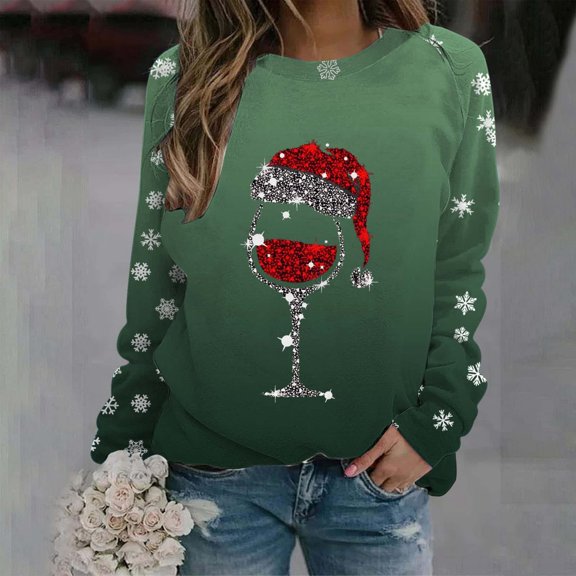 MAIHAN-Womens Merry Christmas Print O Neck Sweatshirt - Round Neck Fit Pullover Tops Casual Long Sleeve Workout Shirts Loose Blouse with Glass Design(C-Green,XL)