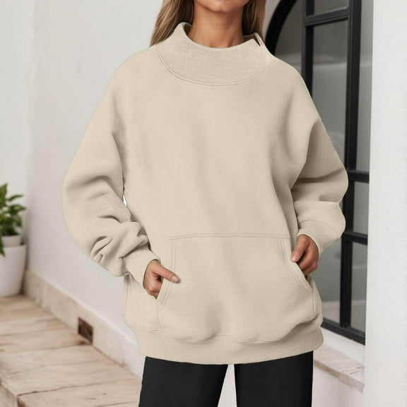 MAIHAN Womens Neck Sweatshirt Fall Oversized Turtleneck Pullover Slouchy Long Sleeve Fall Fashion Y2K Outfits With Pockets(B-Beige,XXL)