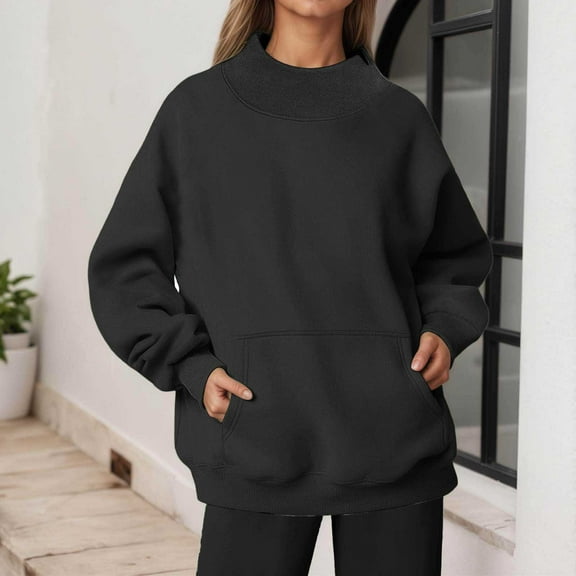MAIHAN Womens Neck Sweatshirt Fall Oversized Turtleneck Pullover Slouchy Long Sleeve Fall Fashion Y2K Outfits With Pockets(B-Black,M)