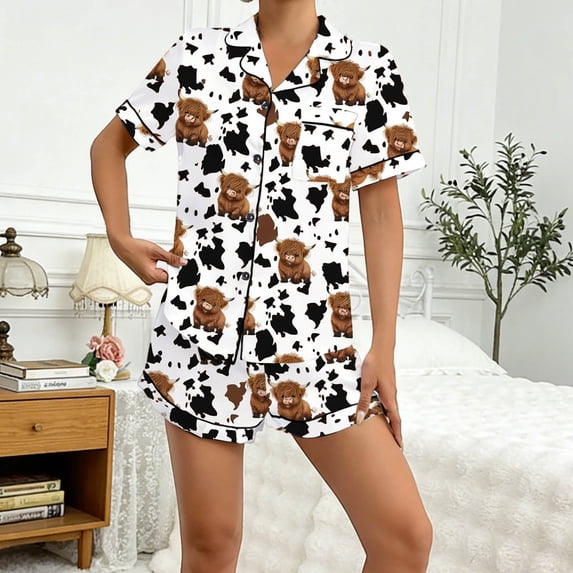 MAIHAN Womens Pajamas,Brown Highland Cow Print Milk Silk Pajamas Set,Short Sleeve Notch Collar Top and Shorts,Loose Fit Loungewear,Soft Sleepwear for Women,Summer Pajamas(Black,M)