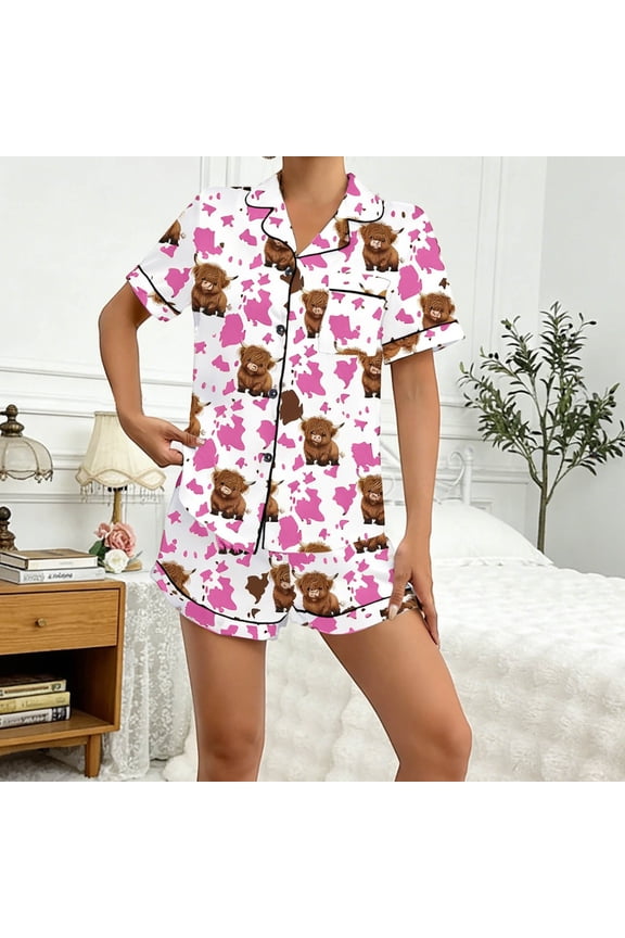 Womens Pajamas,Brown Highland Cow Print Milk Silk Pajamas Set,Short Sleeve Notch Collar Top and Shorts,Loose Fit Loungewear,Soft Sleepwear for Women,Summer Pajamas(Pink,M)