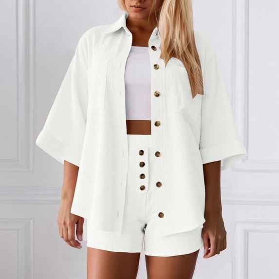 MAIHAN Womens Two Piece Outfits Summer Beach Vacation Clothes Shirt & Shorts Clothes Set Trendy 2 Piece Summer Shorts Set Comfortable Playwear Daily Wear