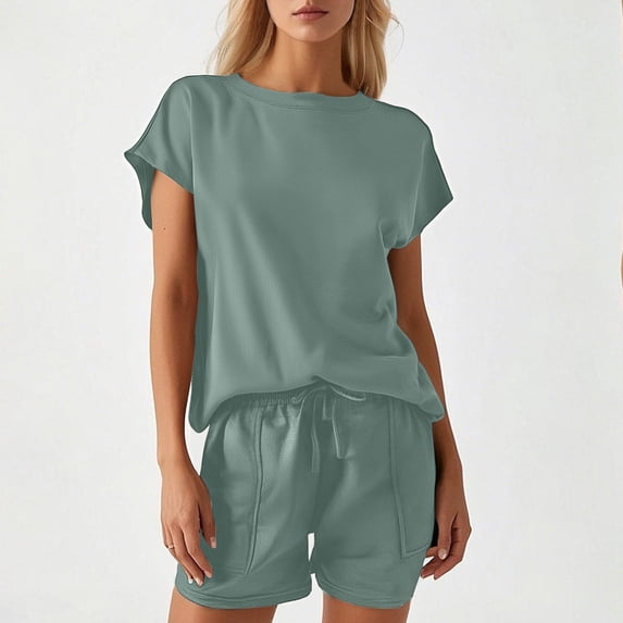 MAIHAN Womens Two Piece Outfits Summer Outfits for Women Short Sleeve Tops Shorts Shorts Sets Women 2 Piece Outfits Cotton Outfits Sets