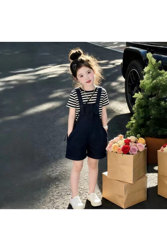 back to school gifts Girls Boys Striped Short Sleeve Crew Neck Tee Paired With Solid Bib Overall Shorts 2 Piece Outfit Set, Loose Casual Strap Jumpshort Matching Daily Lay (Navy,2-3 Years)