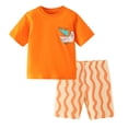 thumbnail image 1 of MAIHAN back to school gifts Girls Summer Short Sleeve Two Piece Outfit Round Neck Abstract Cartoon Print Tee Matching Two Tone Curved Line Pattern Shorts Casual Daily Coordinated (Orange,3-4 Years), 1 of 6