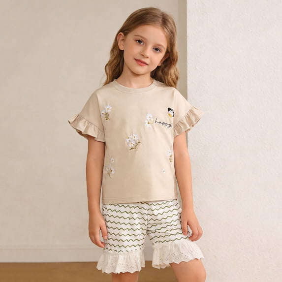 MAIHAN back to school gifts Girls Summer Short Sleeve Two Piece Outfit Round Neck Floral Embroidery Ruffle Cuff Tee Matching Curved Line Pattern Shorts With Lace Frill Hem Leisur (Khaki,2-3 Years)