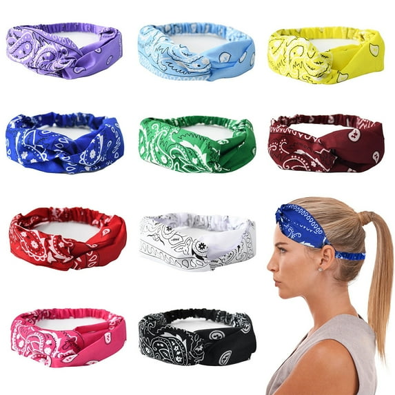 MAILINI 10 Pack Knotted Headbands for Women,Elastic Paisley Print  Bandana Head bands, Vintage Yoga Headband Fashion Sport Boho Hair Accessories (10 Colors)