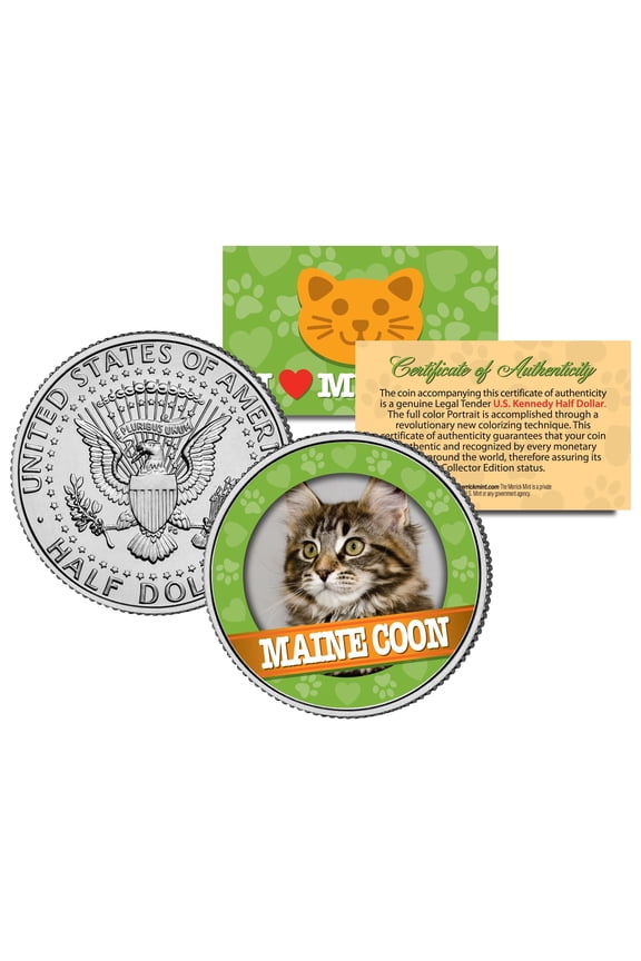 MAINE COON Cat JFK Kennedy Half Dollar US Colorized Coin