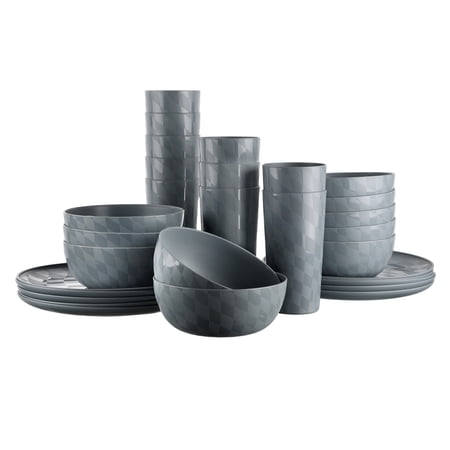 Mainstays 30-Piece Plastic Check Pattern Dinnerware Bundle Set, Grey