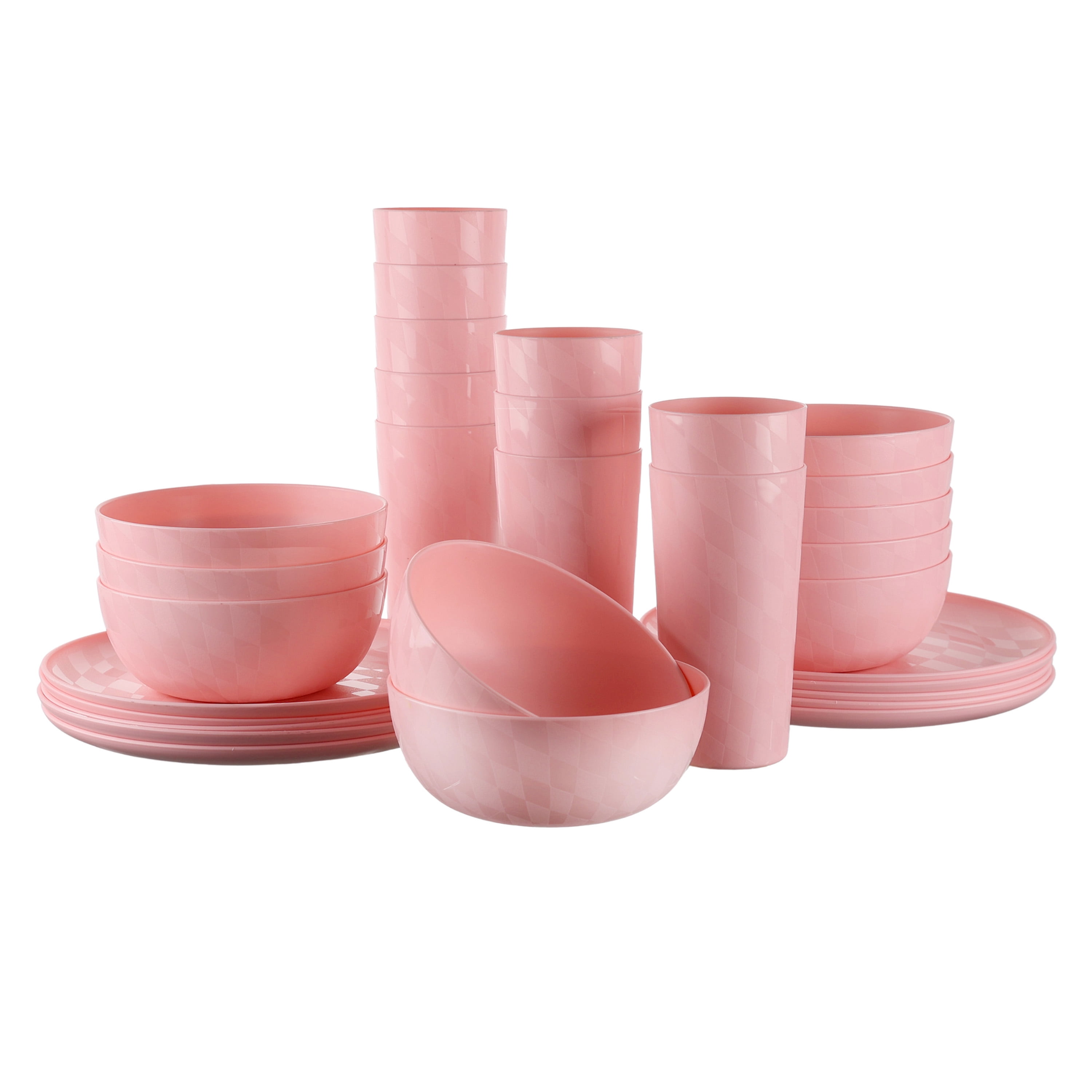 Mainstays 30-Piece Plastic Check Pattern Dinnerware Bundle Set, Pink