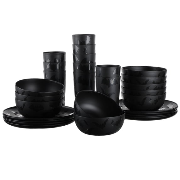 Mainstays 30-Piece Plastic Etched Halloween Bat Pattern Dinnerware Set, Black