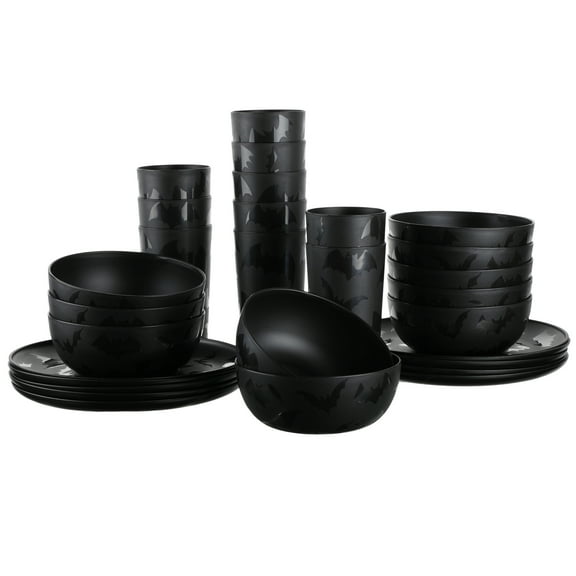 Mainstays 30-Piece Plastic Etched Halloween Bat Pattern Dinnerware Set, Black