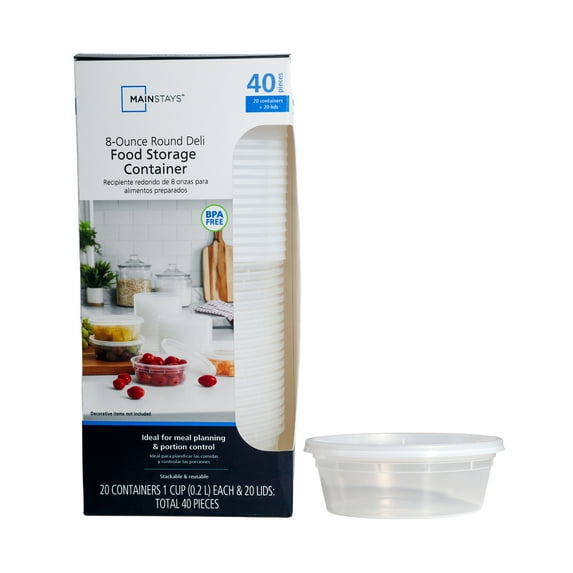 Mainstays 40 Piece 8oz Plastic Deli Container, Ideal Use for Meal Prep and Batch Cooking