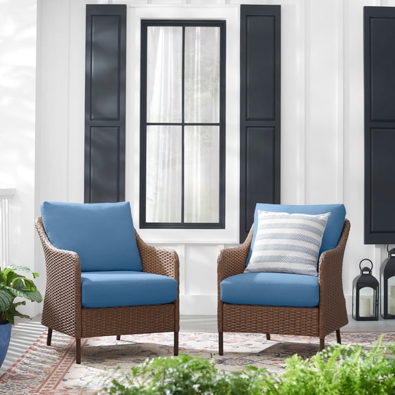 Mainstays Chelsea 2PK Outdoor Wicker Chat Chair, Blue