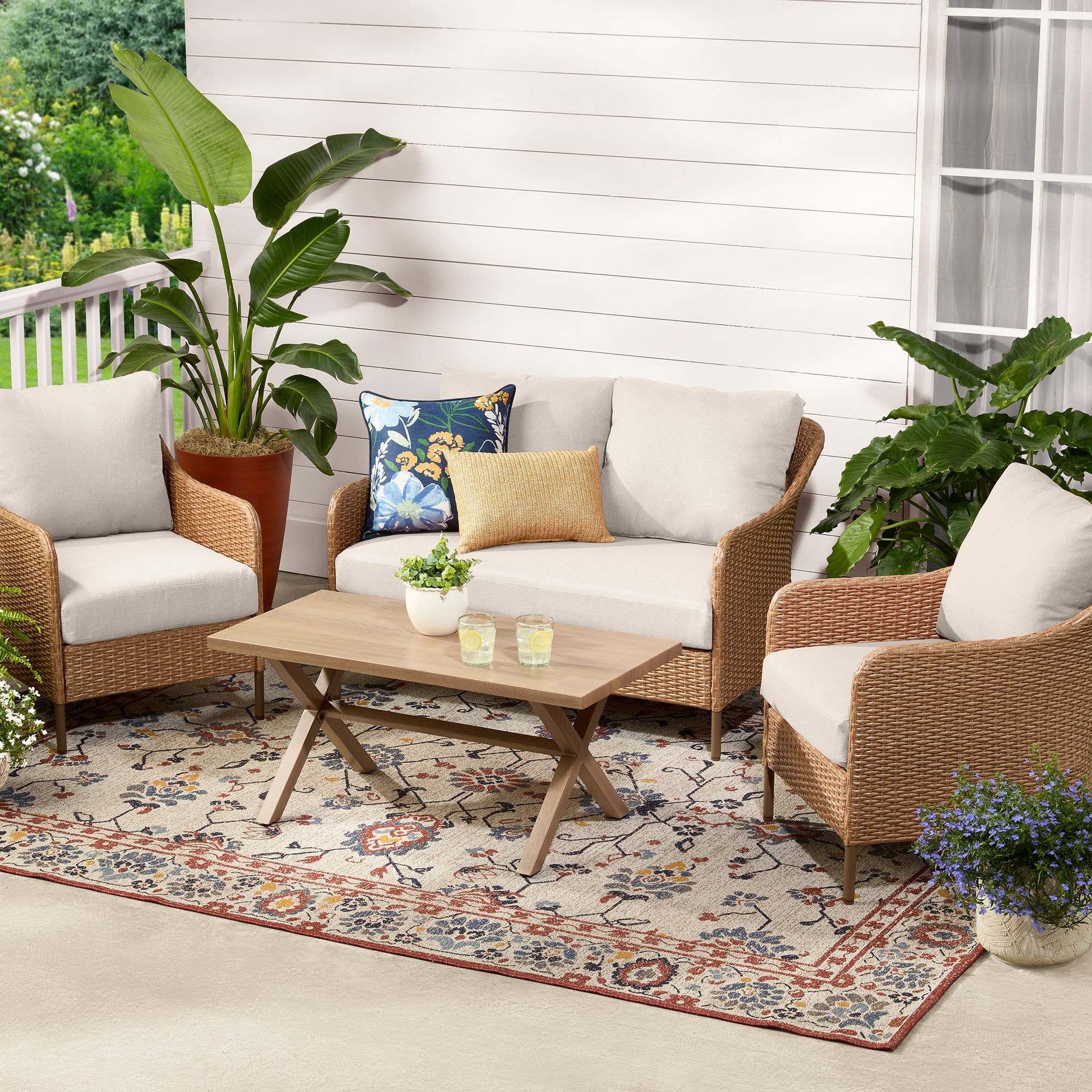 Mainstays Chelsea Outdoor Patio Steel 4-Pieces Deeping Seating Set with Beige Cushions