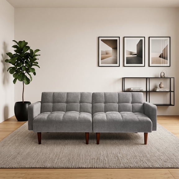 Mainstays 77.6 in Tufted Convertible Futon Sofa Bed, Grey Fabric