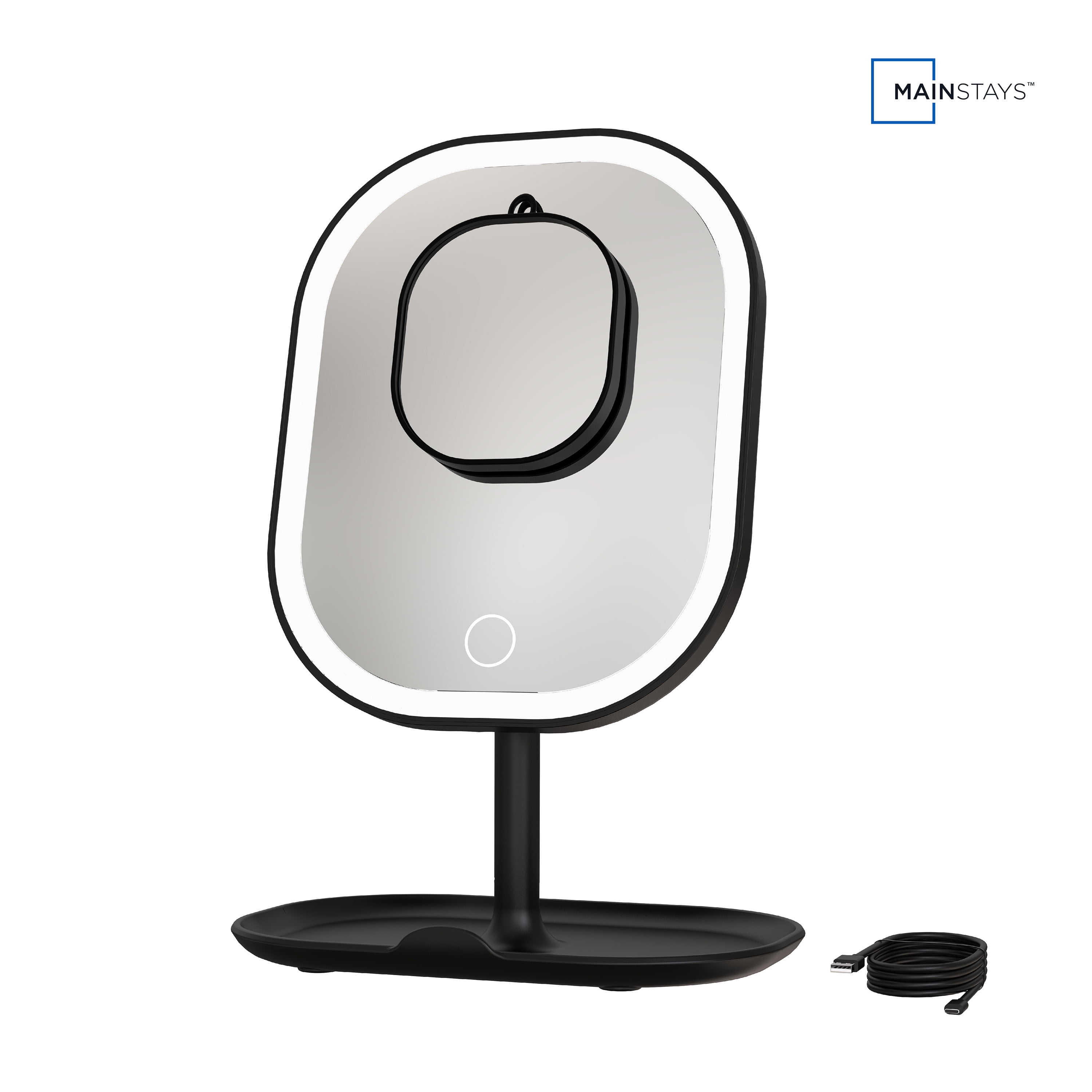 Mainstays LED Makeup Mirror, Rechargeable Vanity Mirror with Lights and Storage Tray Base, Black