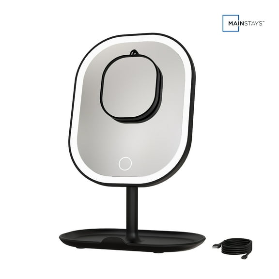 Mainstays LED Makeup Mirror, Rechargeable Vanity Mirror with Lights and Storage Tray Base, Black