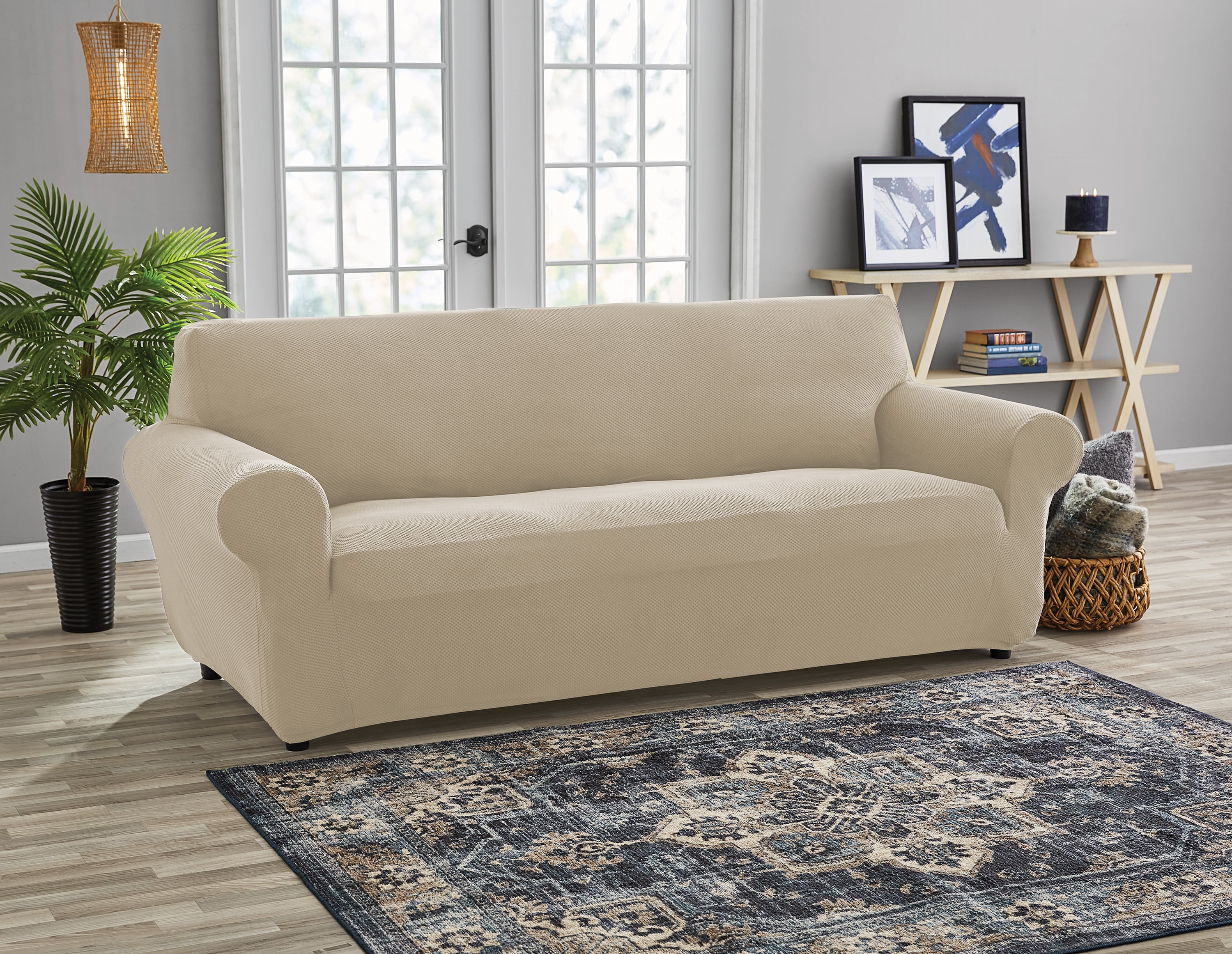 MAINSTAYS SOFA HERRINGBONE SLIPCOVER TAN