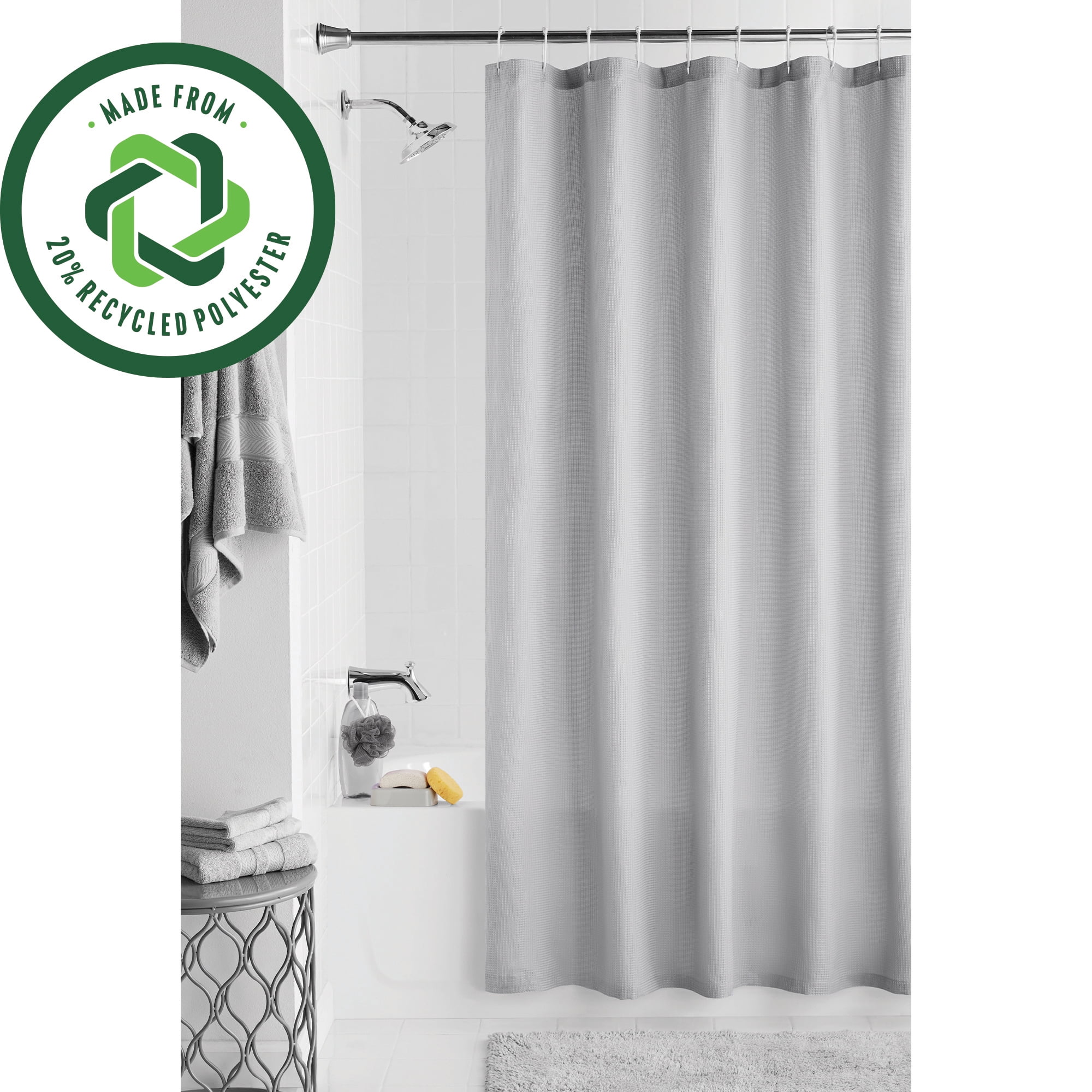 Mainstays Waffle-Weave Fabric Shower Curtain, Textured Cotton Blend with Recycled Polyester, 72” x 72”, Light Grey