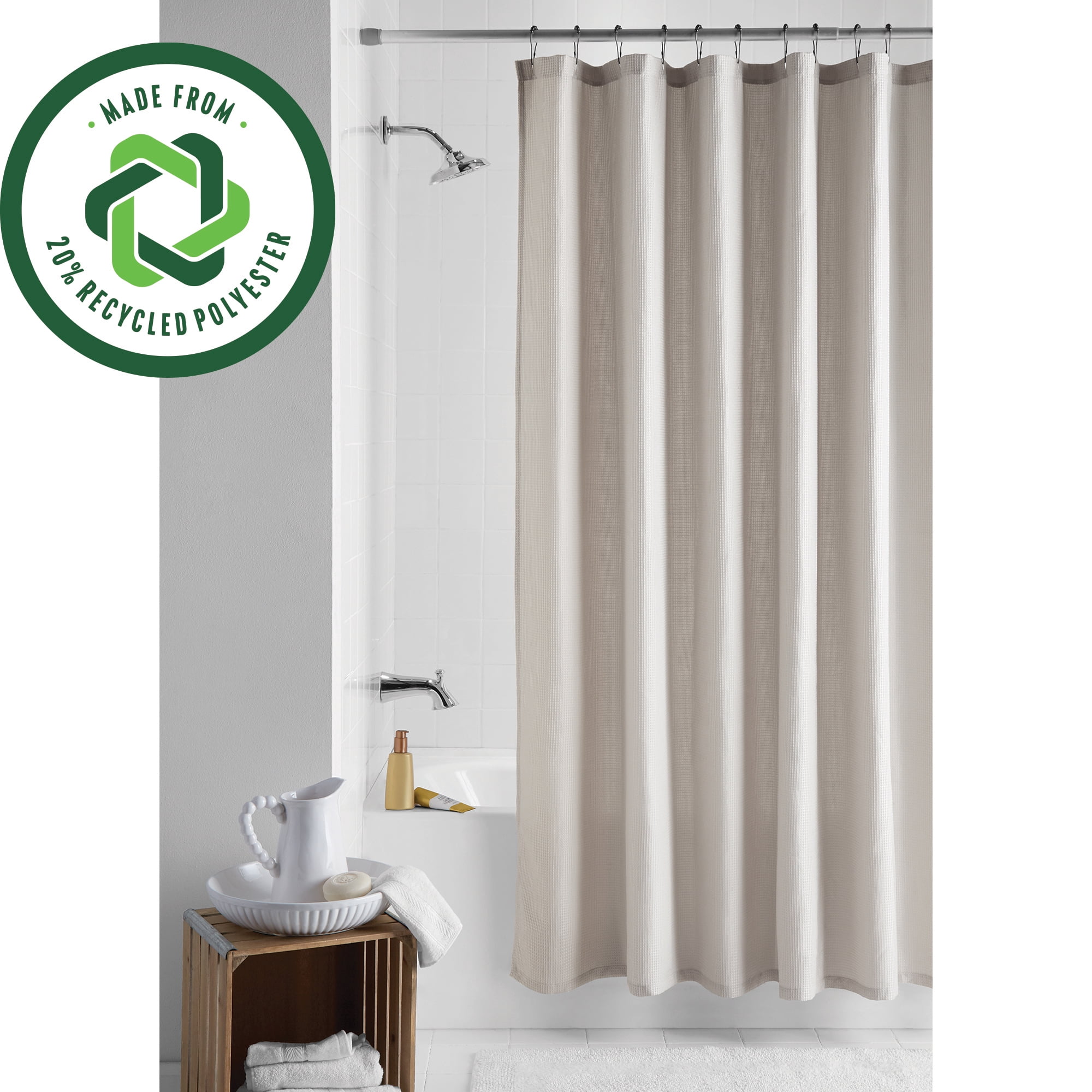 Mainstays Waffle-Weave Fabric Shower Curtain, Textured Cotton Blend with Recycled Polyester, 72 in x 72 in