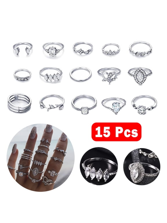 15 Pcs Vintage Knuckle Rings Set Stackable Finger Rings Midi Rings for Women Bohemian Hollow Carved Flowers Gold&Silver Rings Crystal Joint Rings