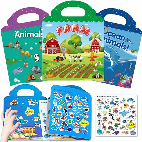 MAINYU 3 Sets Sticker Books for Kids 2-6, Reusable Sticker Book Farm, Travel Activity Books Stickers for Girls Boys Preschool Education Learning Toys 2 3 4 6-Year-Old Birthday Christmas Gift