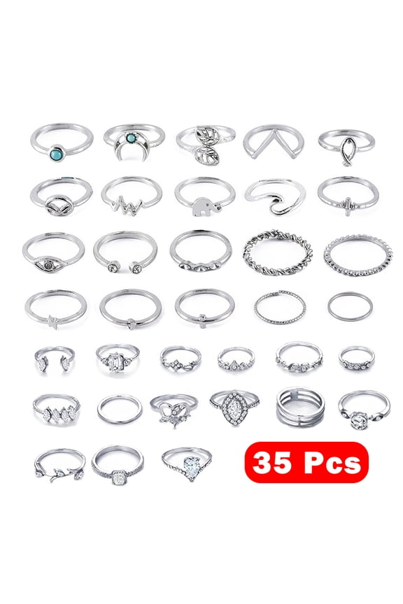 35 Pcs Vintage Knuckle Rings Set Stackable Finger Rings Midi Rings for Women Bohemian Hollow Carved Flowers Gold&Silver Rings Crystal Joint Rings