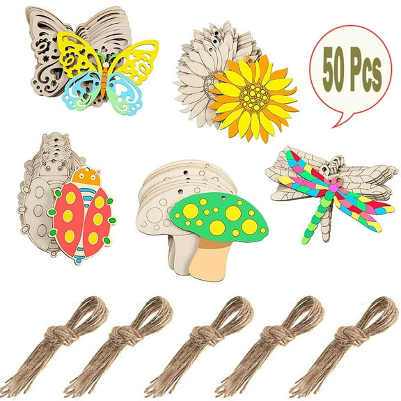 MAINYU 50 Pcs Unfinished Spring Wooden Cutouts, 5 Styles Butterfly Bee Wood Slices Flower Unfinished Wood Cutouts Blank Wooden Paint Crafts for Kids Painting DIY Crafts Home Decoration Craft Project