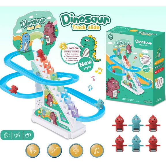 MAINYU Dinosaur Climbing Toys,Electric Climbing Stairs Tracks Slide Toy Set Roller Coaster Toy with 6 Dinosaur, Flashing Lights & Music On/Off Button for Toddlers and Kids Birthday Christmas Gifts