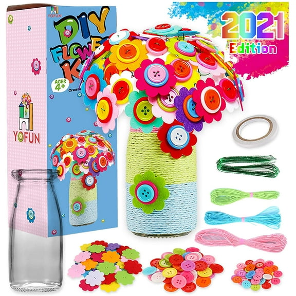 MAINYU Flower Craft Kit for Kids Make Your Own Flower Bouquet with Buttons and Felt Flowers Vase Art Toy & Craft Project for Children DIY Activity Birthday Xmas Gift for Boys & Girls Age 3+ Year Old
