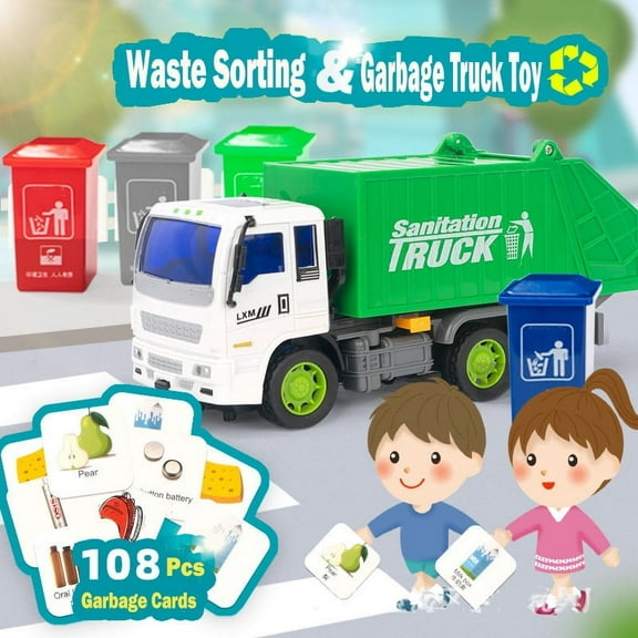 MAINYU Garbage Truck Toys Trash Truck Recycle Truck with 4 Garbage Cans, Friction Powered Truck with Garbage Illustrated Flash Cards Push and Go Pull Back Car Birthday Christmas Gift for Boys Kids