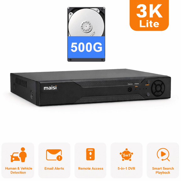3K Lite 8CH DVR Recorder With 500G HDD, H.265+ Hybrid 5-in-1, AI Human/Vehicle Detection, Remote Access Security System