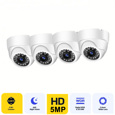 MAISI 4pcs 5MP Wired Security Cameras For DVR Camera System, Dome CCTV Surveillance Cameras With 4PCS BNC Cable, Night Vision, TVI Technology, And Wide Angle Lens For Home Security Monitor