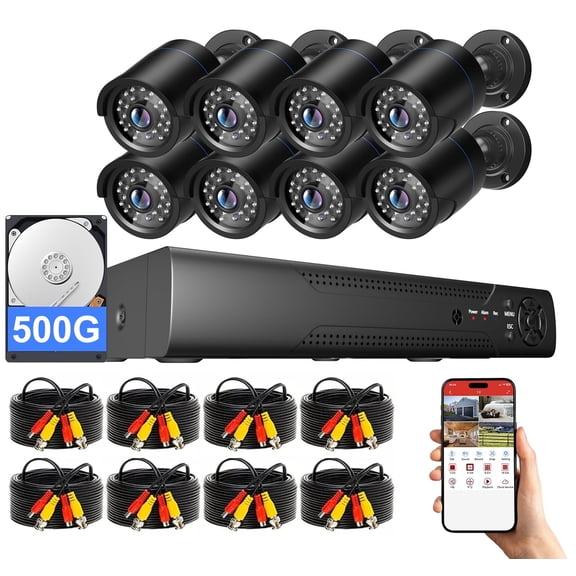 Wired Security Camera System with AI Human Detection, 5MP 3K Lite 8CH CCTV DVR Recorder With 500G Hard Drive and 8 x 5MP Weatherproof Bullet Camera Outdoor Indoor,Night Vision,Motion Detection