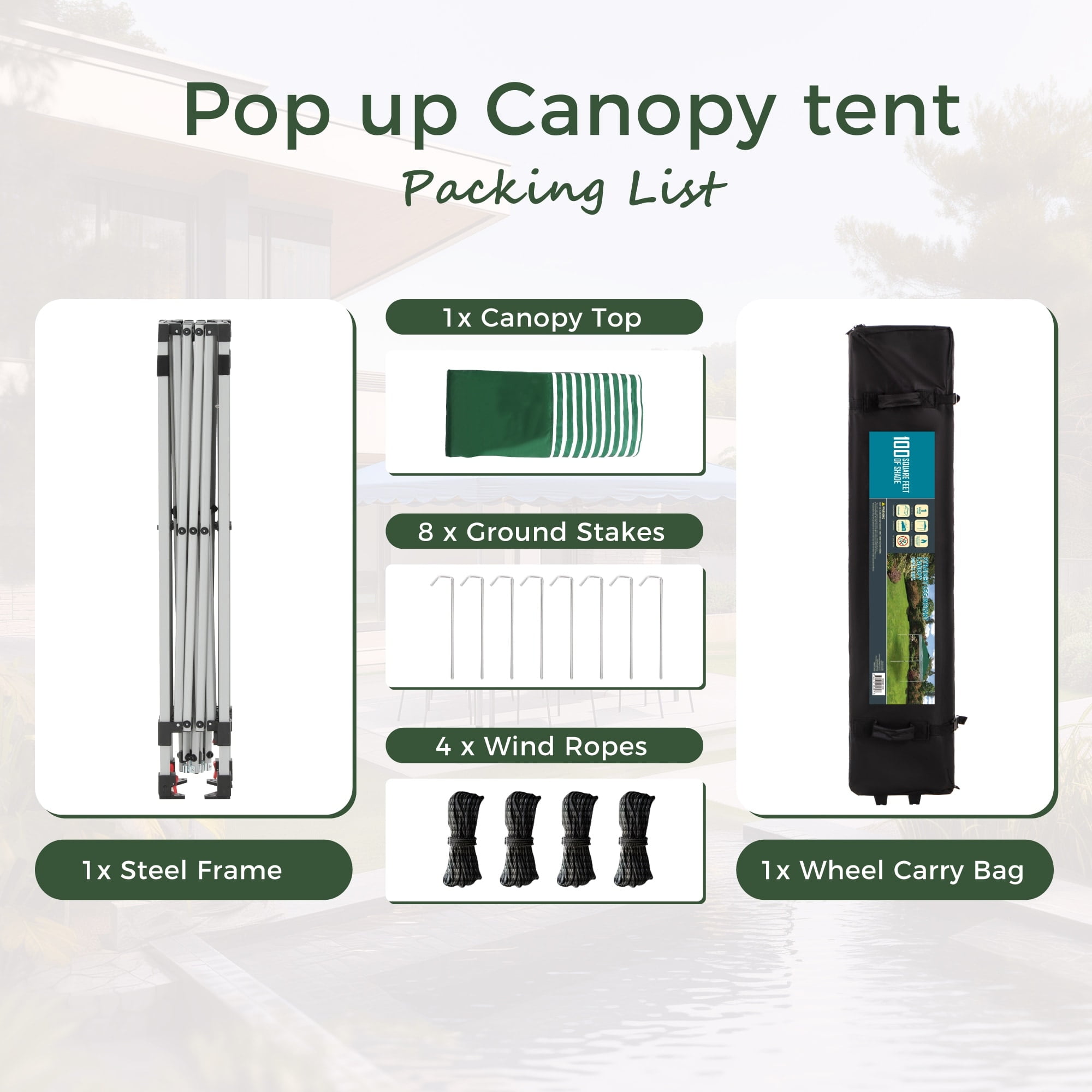 Green and White Striped 10x10 Pop-Up Canopy Tent with Adjustable Height