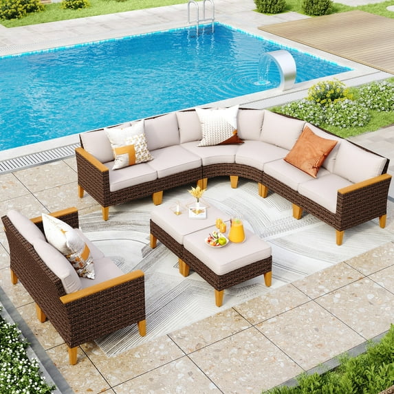 MAISON ARTS 11-Piece Outdoor Wicker Half-Round Furniture Set,  Half-Moon Sectional Sofa  All Weather Curved Conversation Sets 10 Seats - Type K