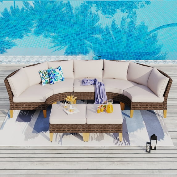 MAISON ARTS 11-Piece Outdoor Wicker Half-Round Furniture Set,  Half-Moon Sectional Sofa  All Weather Curved Conversation Set 7-Seat - Type E