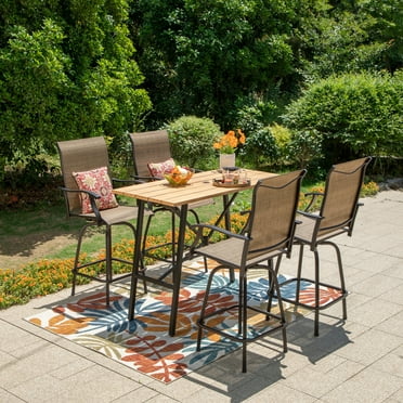 MAISON ARTS 5-Piece Patio Bar Stool Set Wood-grain Bar Table & Textilene Swivel Stools Brown-no padded