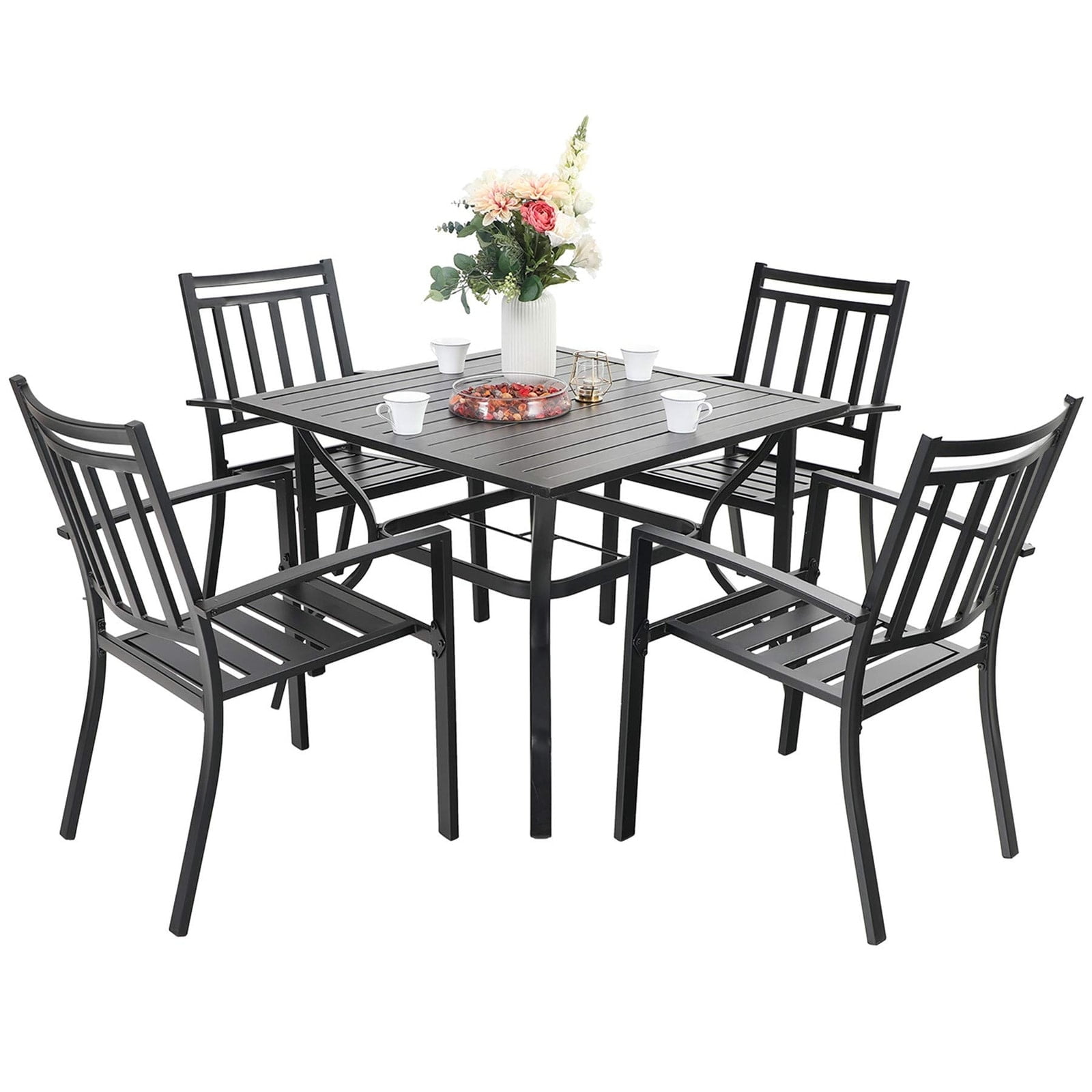 Black Metal 5-Piece Outdoor Patio Dining Set with Square Table