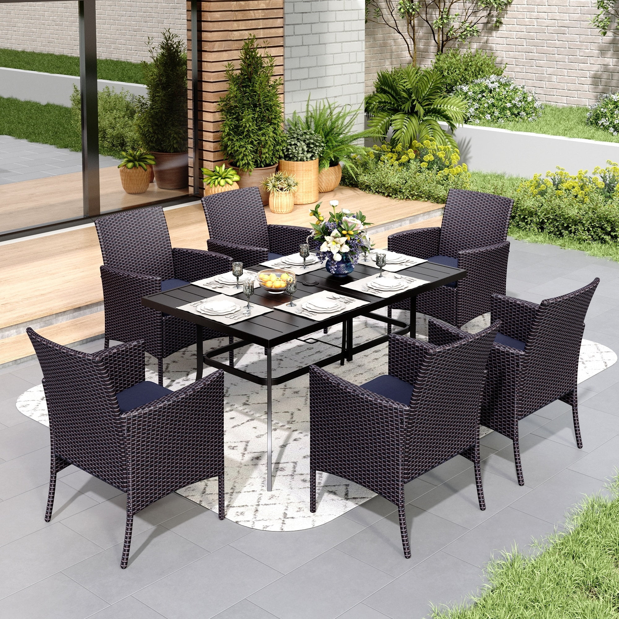 MAISON ARTS 7 Pieces Outdoor Patio Dining Set, 6 PE Rattan Chairs with Cushions and 1 Rectangle Metal Table
