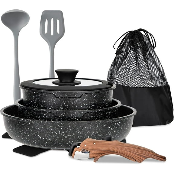 MAISON ARTS Detachable Handle Pots and Pans Set, 10 Piece Nonstick Black Granite Cooking Pot, Stackable Induction Cookware Sets, Ideal for Camping and RVs