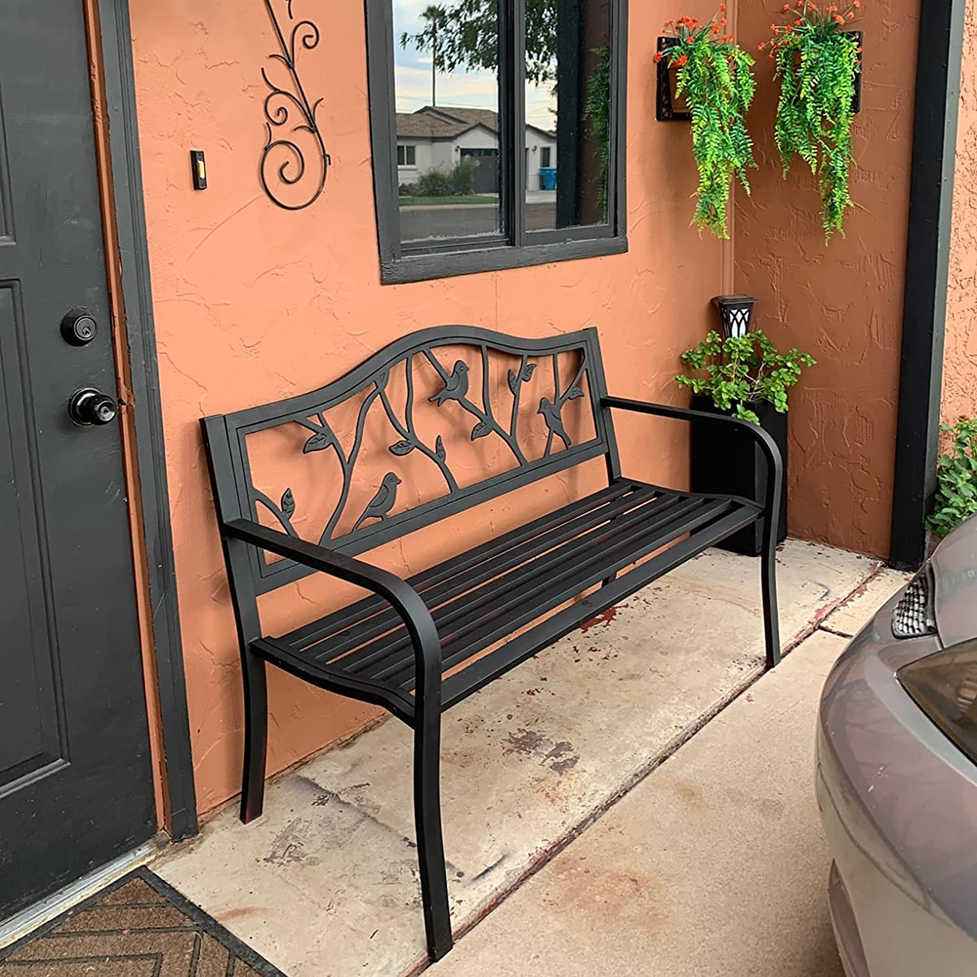 Antique Brass 50" Cast Iron and Steel Garden Bench with Bird Pattern