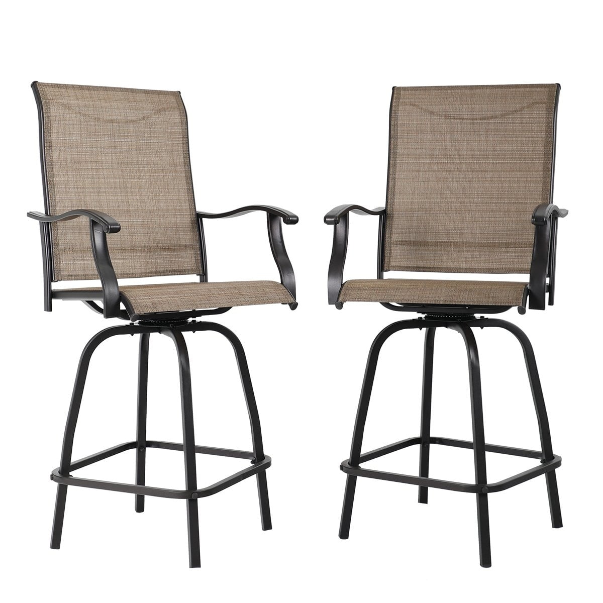Outdoor Brown Textilene Swivel Bar Stools with Steel Frame, Set of 2