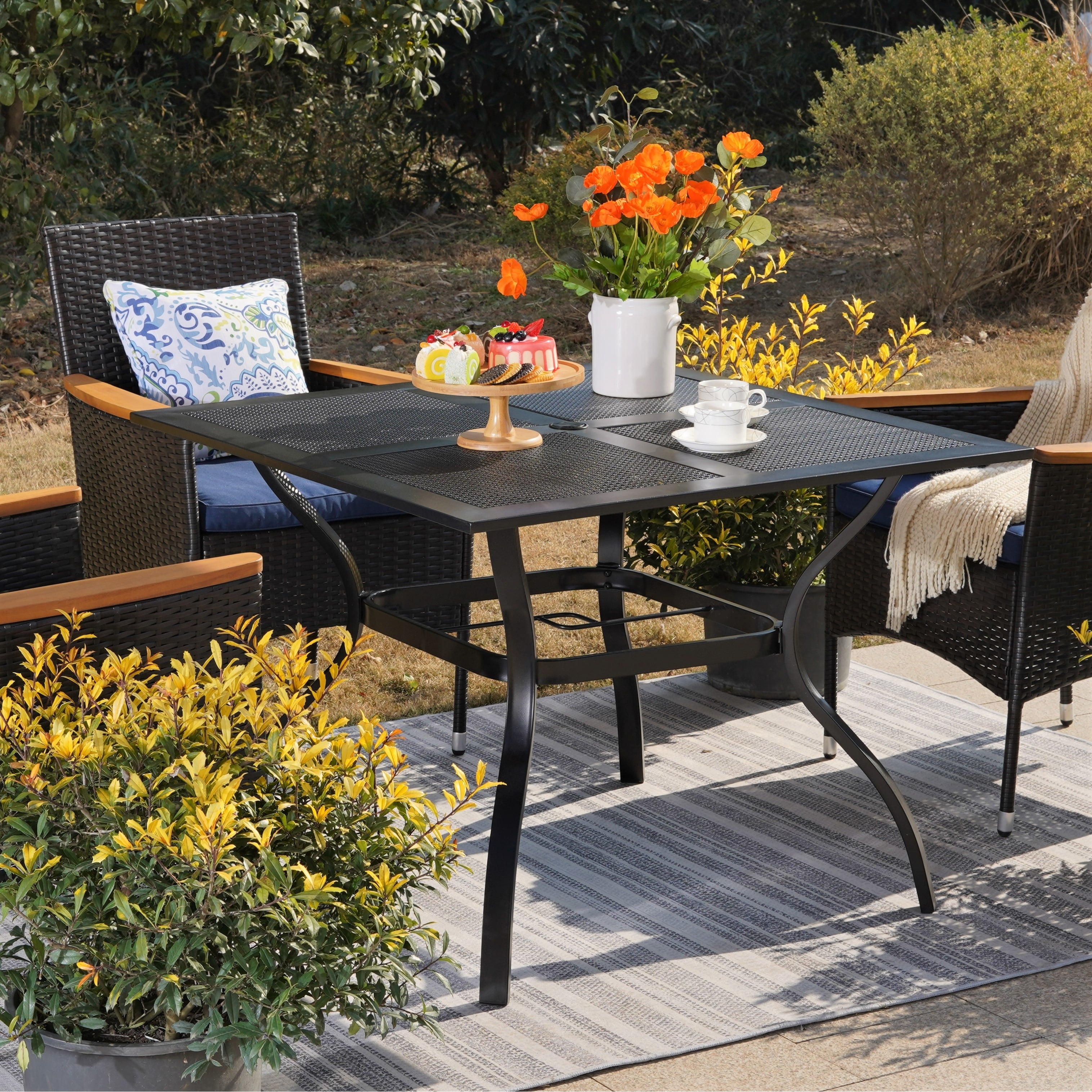 Black Steel Outdoor Square Dining Table with Umbrella Hole
