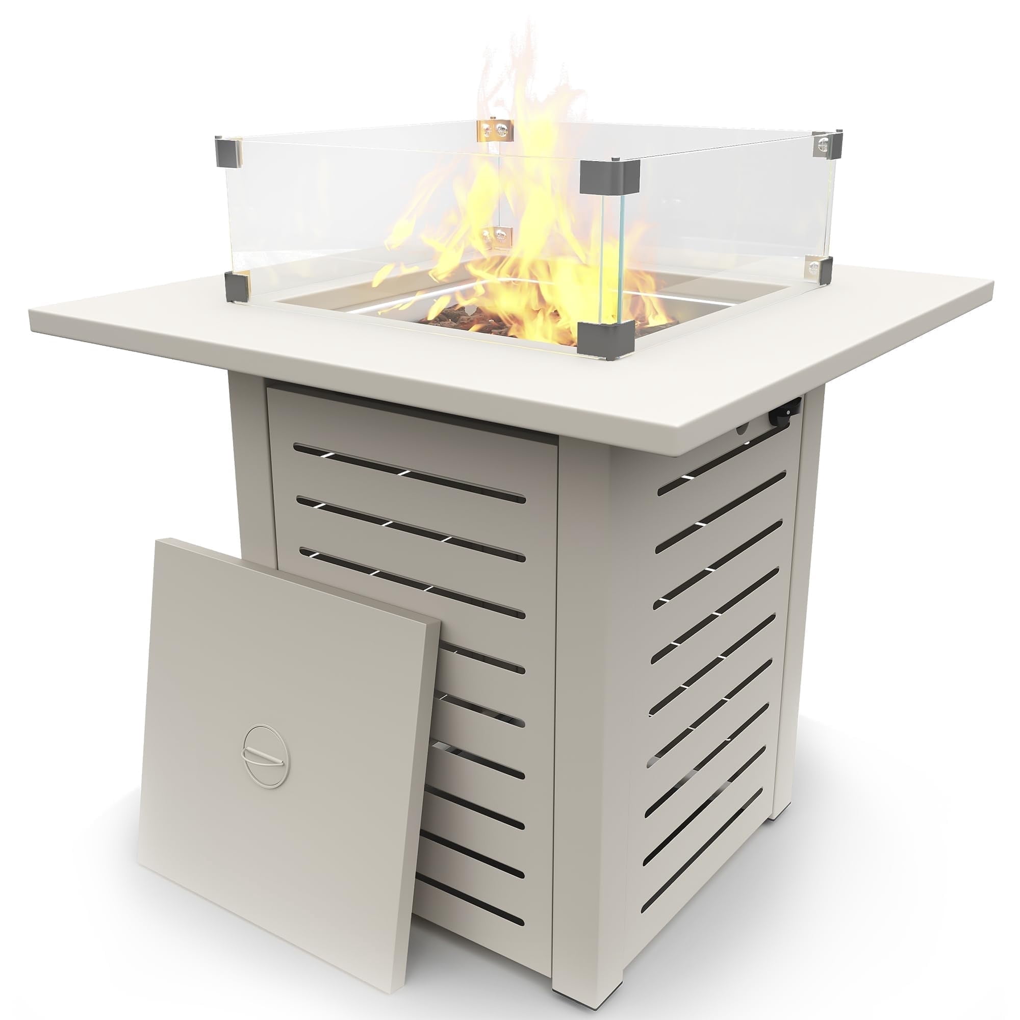 JXXM 28" Fire Pit Table, 50,000 BTU Steel Gas Firepit with Lid and Glass Wind Guard, Beige