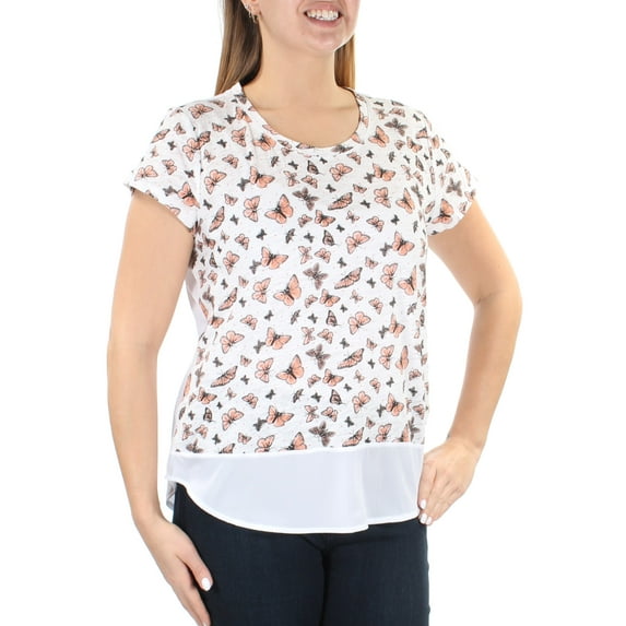 MAISON JULES $34 Womens New 1055 White Butterflies Short Sleeve Top L B+B