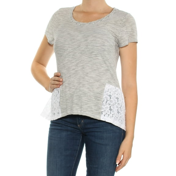 MAISON JULES $34 Womens New 1137 White Striped Lace Short Sleeve Hi-Lo Top M B B
