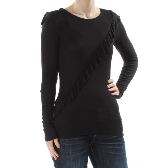 MAISON JULES $39 Womens New 1457 Black Ruffled Jewel Neck Long Sleeve Top XS B+B