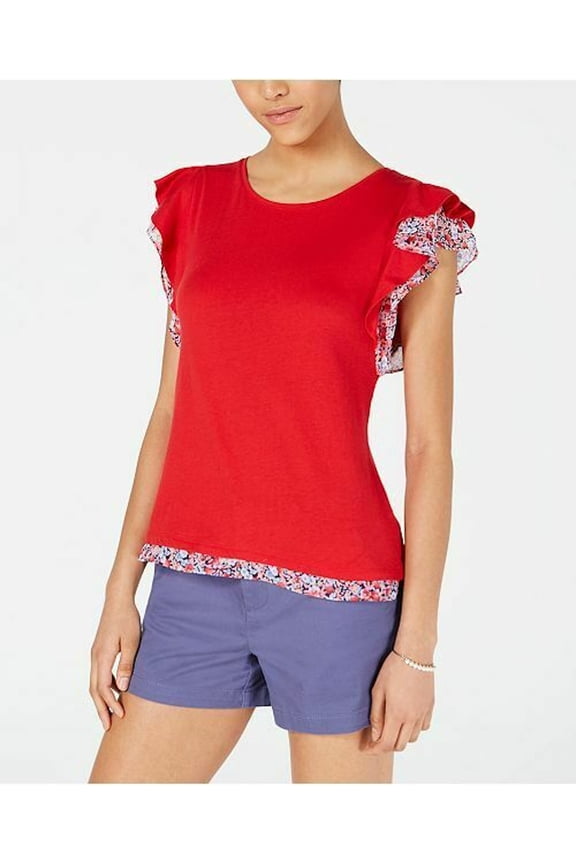 $39 Womens New Red Flutter Sleeve Printed Jewel Neck Top S B+B